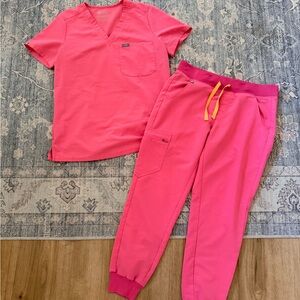 Figs Hot Pink Scrub Set with Orange Drawstring